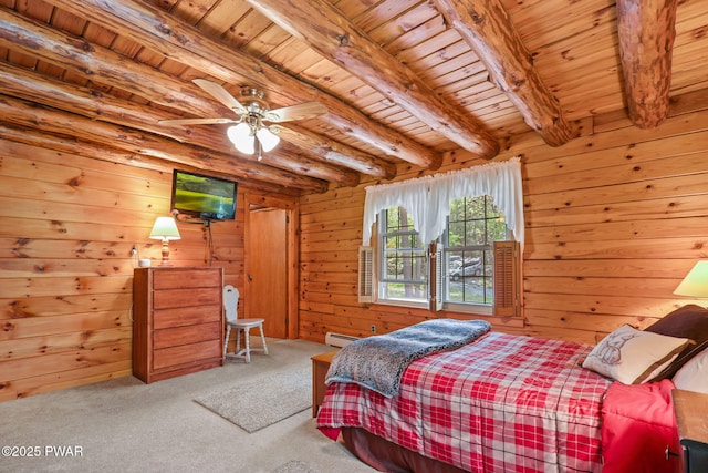 128 Timber Ln, Tafton, PA 18464 - bedroom featuring carpet, a baseboard radiator, wood ceiling with exposed beams, and wooden walls