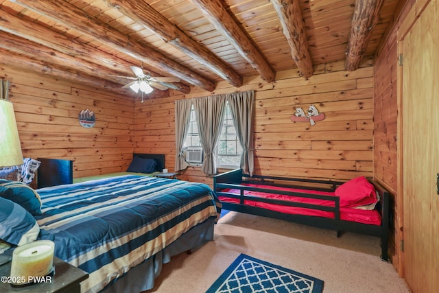128 Timber Ln, Tafton, PA 18464 - bedroom with carpet, wooden ceiling with exposed beams, wooden walls, and cooling unit