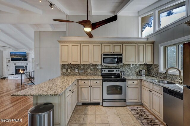 kitchen featuring cream cabinets, appliances with stainless steel finishes, and a sink