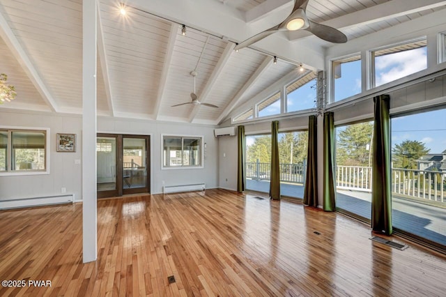 unfurnished sunroom featuring lofted ceiling with beams, an AC wall unit, a baseboard heating unit, and ceiling fan