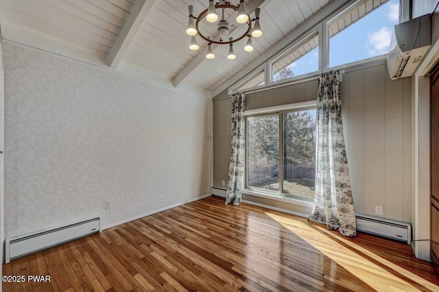 unfurnished dining area featuring a wall mounted AC, lofted ceiling with beams, a notable chandelier, and a baseboard radiator