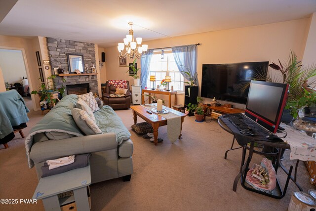 carpeted living area featuring a stone fireplace and an inviting chandelier