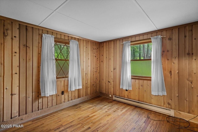 1081 Maple Lake Dr, Bushkill, PA 18324 - spare room featuring baseboard heating, hardwood / wood-style floors, and wood walls
