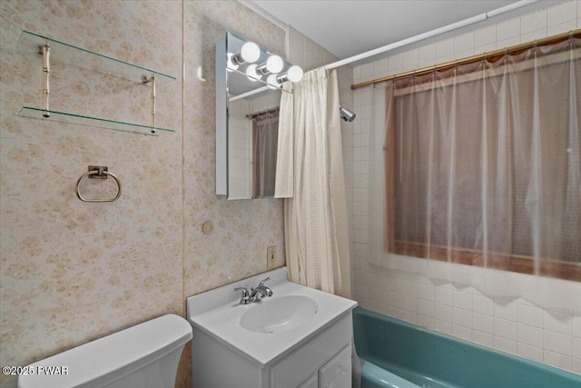 1081 Maple Lake Dr, Bushkill, PA 18324 - bathroom featuring vanity, wallpapered walls, and shower / bath combo