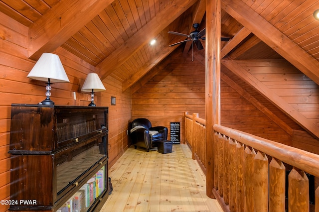 sitting room with ceiling fan, lofted ceiling with beams, wood ceiling, and wooden walls