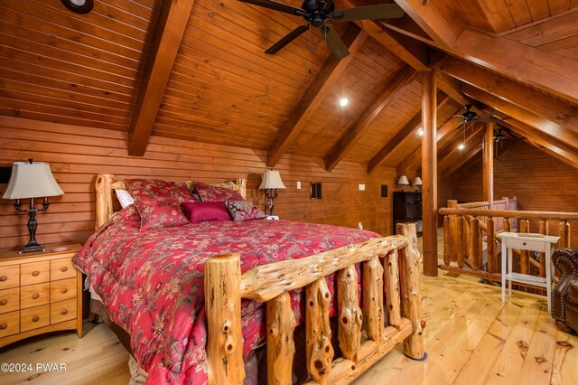 bedroom with lofted ceiling with beams, wood walls, and wood ceiling