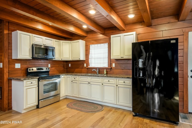 kitchen with beam ceiling, sink, stainless steel appliances, wood walls, and dark stone counters