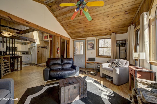 109 Pebble Rock Rd, Lackawaxen, PA 18435 - living room featuring light wood-style flooring, wooden ceiling, and ceiling fan