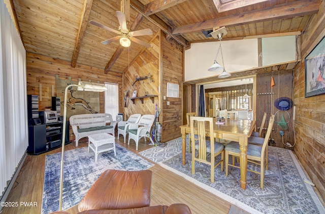 109 Pebble Rock Rd, Lackawaxen, PA 18435 - dining space with wood ceiling, beam ceiling, and wooden walls