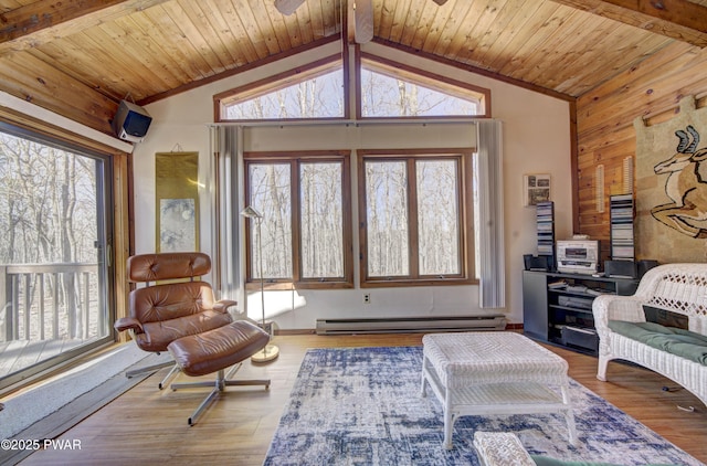 109 Pebble Rock Rd, Lackawaxen, PA 18435 - living area featuring vaulted ceiling with beams, a healthy amount of sunlight, and a baseboard heating unit