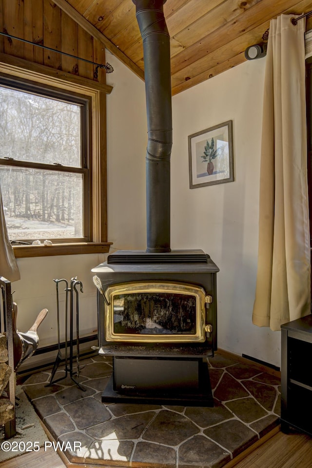 109 Pebble Rock Rd, Lackawaxen, PA 18435 - room details featuring wooden ceiling, baseboards, and a wood stove