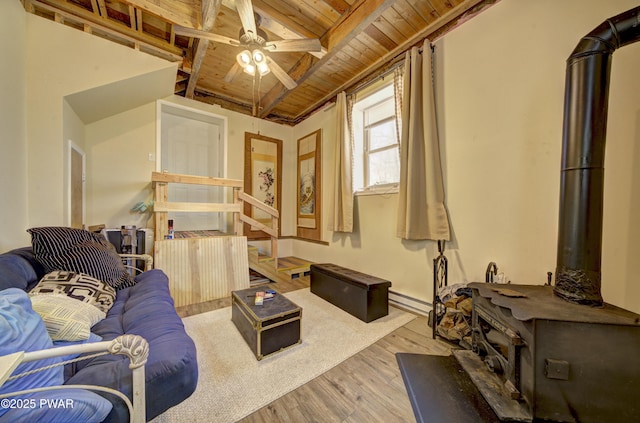 109 Pebble Rock Rd, Lackawaxen, PA 18435 - living room with ceiling fan, wood finished floors, baseboard heating, a wood stove, and wood ceiling