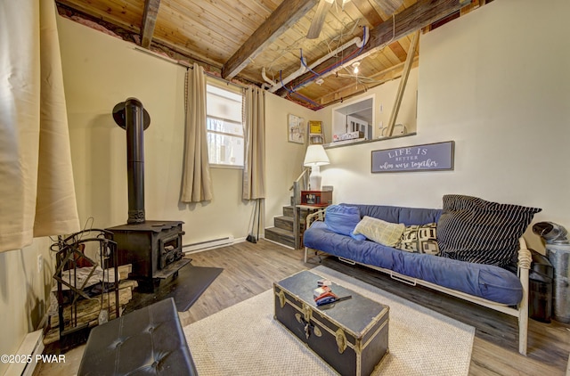109 Pebble Rock Rd, Lackawaxen, PA 18435 - living room with beam ceiling, wood ceiling, stairway, wood finished floors, and a baseboard heating unit