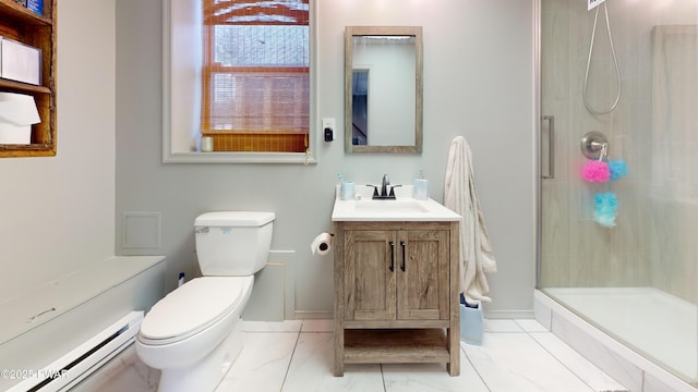 677 W Chipmunk Rd, Bushkill, PA 18324 - full bath with a baseboard heating unit, toilet, vanity, and a stall shower