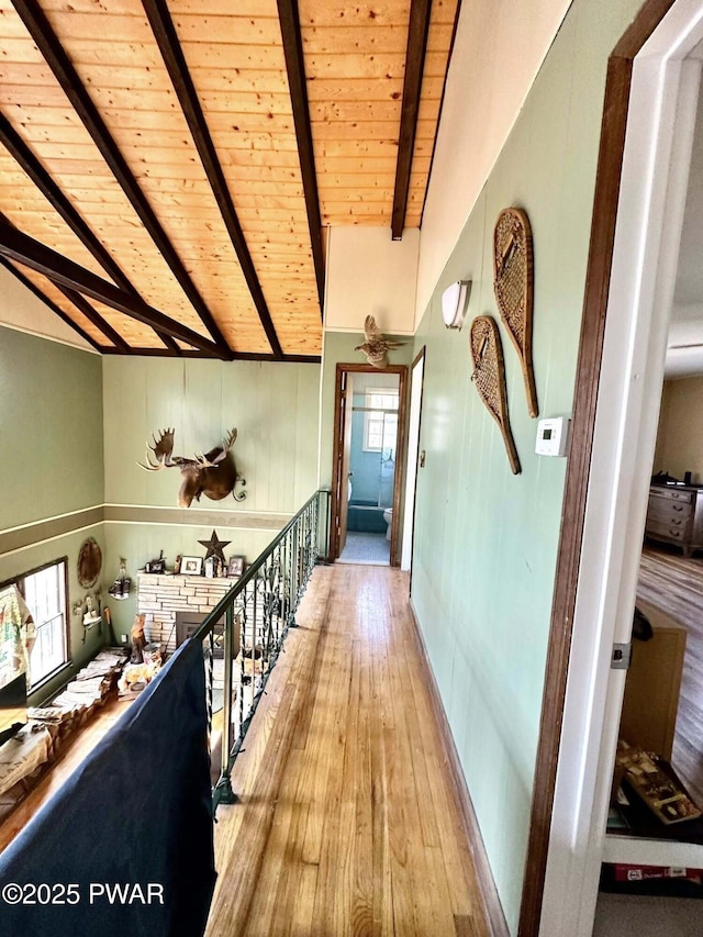 205 Waterview Dr, Lords Valley, PA 18428 - hallway with wood ceiling, wood finished floors, and an upstairs landing