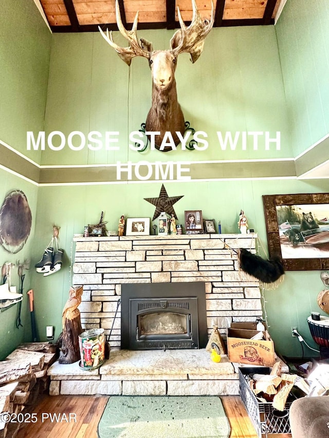 205 Waterview Dr, Lords Valley, PA 18428 - detailed view of wood finished floors and a stone fireplace