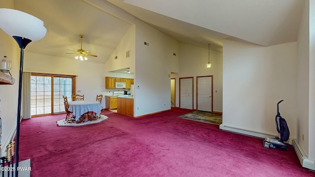 interior space featuring visible vents, baseboard heating, high vaulted ceiling, and a ceiling fan