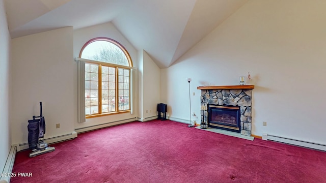 unfurnished living room with a baseboard radiator, carpet, a fireplace, and vaulted ceiling