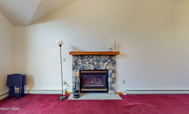 interior details with carpet flooring, a fireplace, and baseboard heating