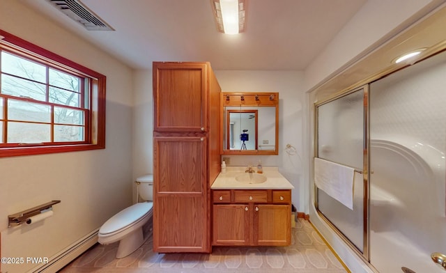 full bath featuring a shower stall, toilet, visible vents, and a baseboard radiator