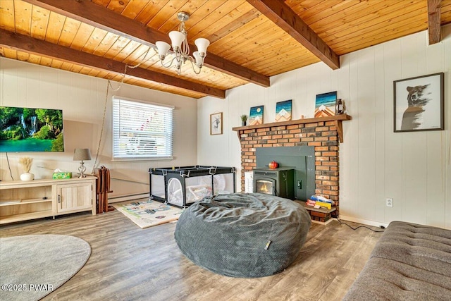 living room with beam ceiling, a notable chandelier, wooden ceiling, and wood finished floors