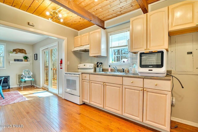 kitchen with white electric range oven, light wood-style flooring, under cabinet range hood, wood ceiling, and electric panel