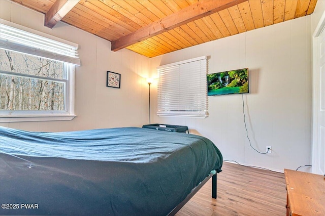 bedroom featuring wood ceiling, beamed ceiling, and wood finished floors