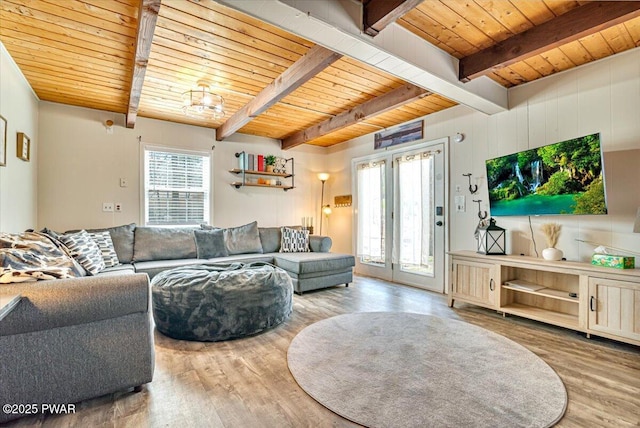 living area featuring wood finished floors, wooden ceiling, and beamed ceiling