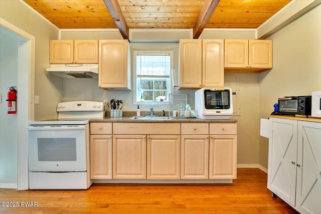kitchen featuring white electric range, under cabinet range hood, light brown cabinets, and wooden ceiling