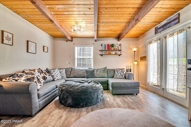 living area with beamed ceiling, wooden ceiling, and a healthy amount of sunlight
