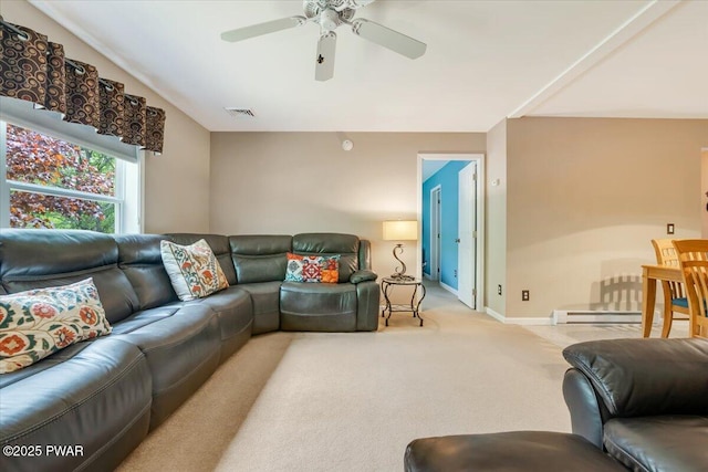 carpeted living room featuring a baseboard radiator, ceiling fan, and baseboards