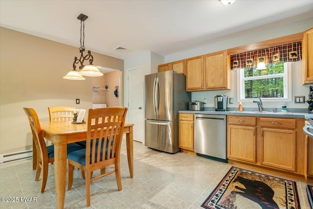 kitchen with stainless steel appliances, pendant lighting, a sink, and baseboard heating