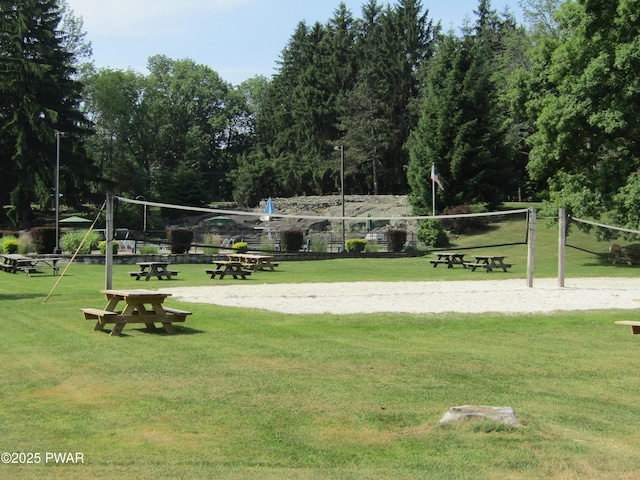 view of property's community featuring volleyball court and a yard