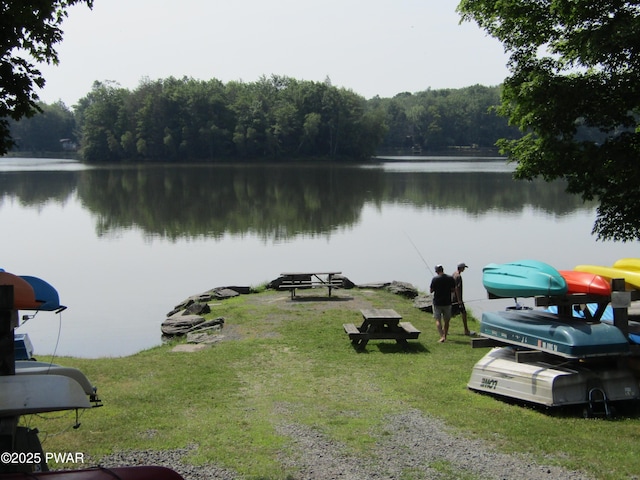 dock featuring a water view and a wooded view