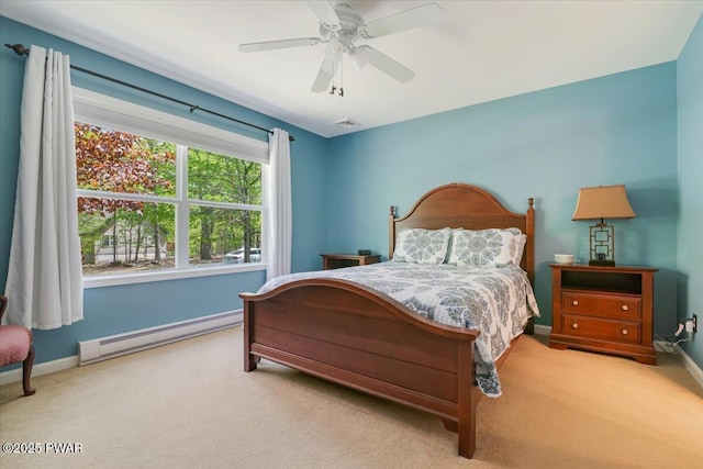 bedroom featuring baseboard heating, carpet, and baseboards