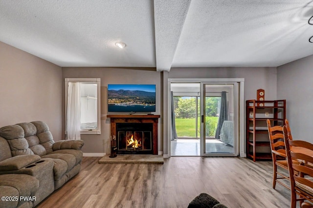 1107 Crest Cir, Lakeville, PA 18438 - living room featuring wood finished floors, a textured ceiling, a glass covered fireplace, and baseboards