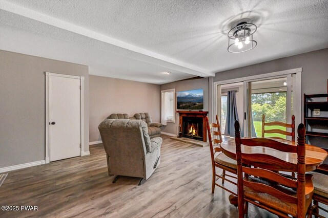 1107 Crest Cir, Lakeville, PA 18438 - dining room featuring wood finished floors, a textured ceiling, a lit fireplace, and baseboards