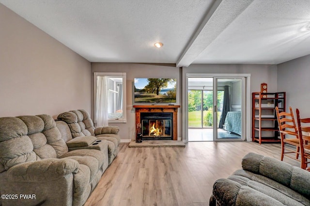 1107 Crest Cir, Lakeville, PA 18438 - living area featuring a glass covered fireplace, wood finished floors, baseboards, and a textured ceiling