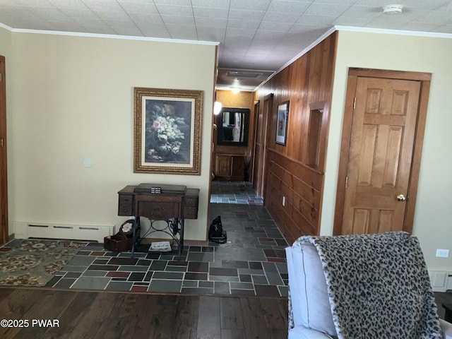 corridor with wooden walls, a baseboard radiator, ornamental molding, and dark hardwood / wood-style flooring