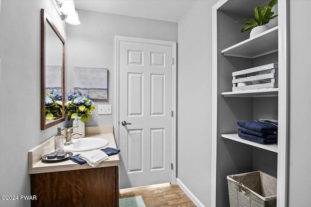 bathroom featuring vanity and wood-type flooring