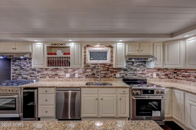 kitchen featuring appliances with stainless steel finishes, a sink, under cabinet range hood, and decorative backsplash