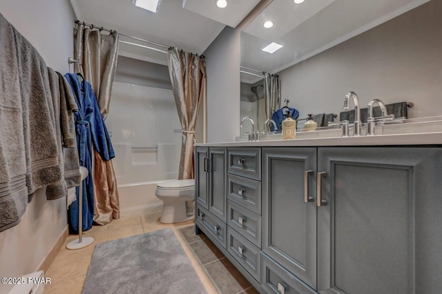 full bath with double vanity, tile patterned flooring, shower / bathtub combination with curtain, recessed lighting, and toilet