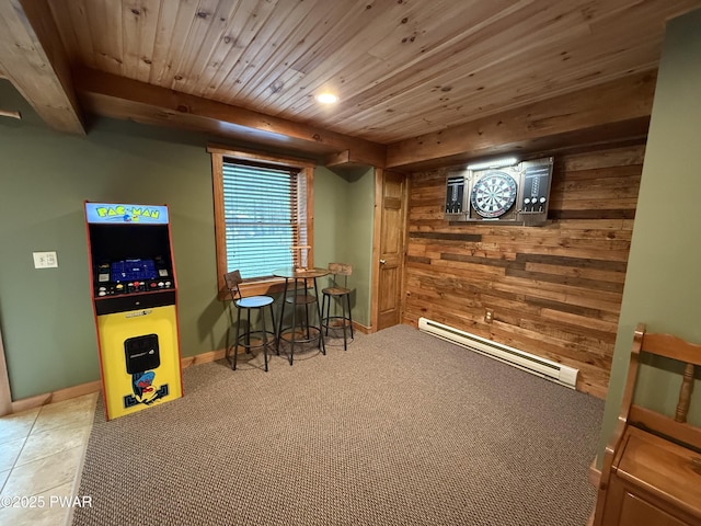 278 N Gate Rd, Lake Ariel, PA 18436 - recreation room with a baseboard radiator, wooden walls, and wooden ceiling