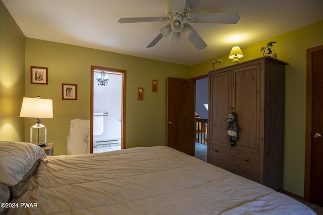 bedroom featuring a baseboard radiator and ceiling fan