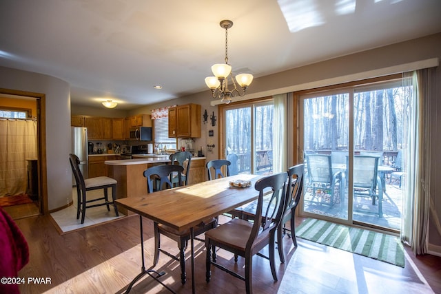 dining space with a chandelier, light hardwood / wood-style floors, and a healthy amount of sunlight