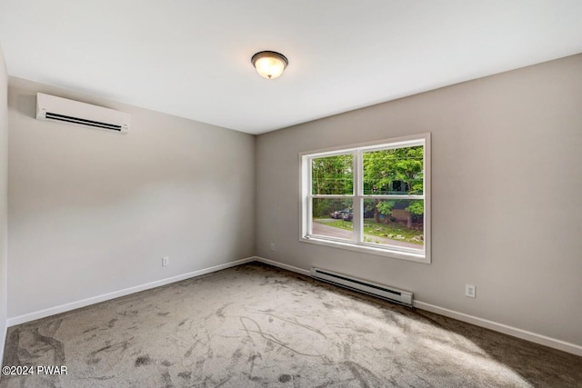 carpeted empty room featuring an AC wall unit and a baseboard radiator