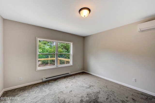 carpeted spare room featuring a wall mounted air conditioner and baseboard heating