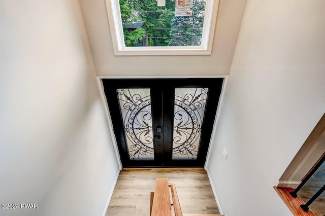 entryway featuring french doors and light hardwood / wood-style flooring