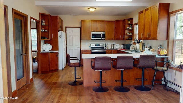 109 Lake Dr, Dingmans Ferry, PA 18328 - kitchen featuring open shelves, light countertops, stainless steel appliances, a peninsula, and wood finished floors