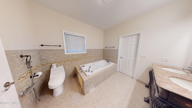 109 Lake Dr, Dingmans Ferry, PA 18328 - bathroom with a bath, tile patterned flooring, double vanity, and a wainscoted wall